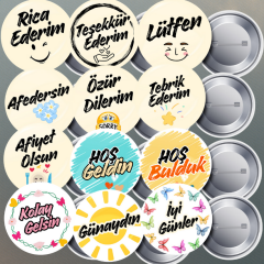 12 Adet Nezaket İfadeleri Metal Yaka Rozet Seti 58 mm