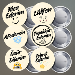 12 Adet Nezaket İfadeleri Metal Yaka Rozet Seti 58 mm