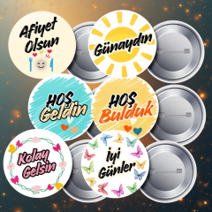 12 Adet Nezaket İfadeleri Metal Yaka Rozet Seti 58 mm